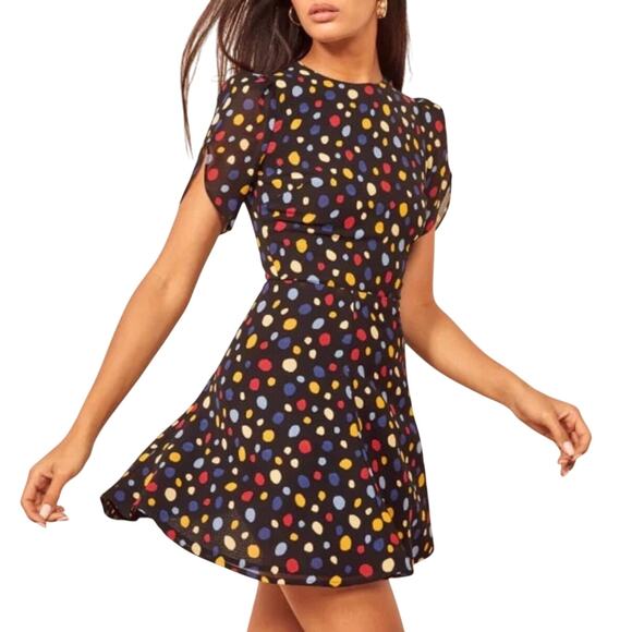 Reformation Violette Fiesta Mini Dress Polka Dot Colorful Fit & Flare Size 12 - Picture 1 of 9